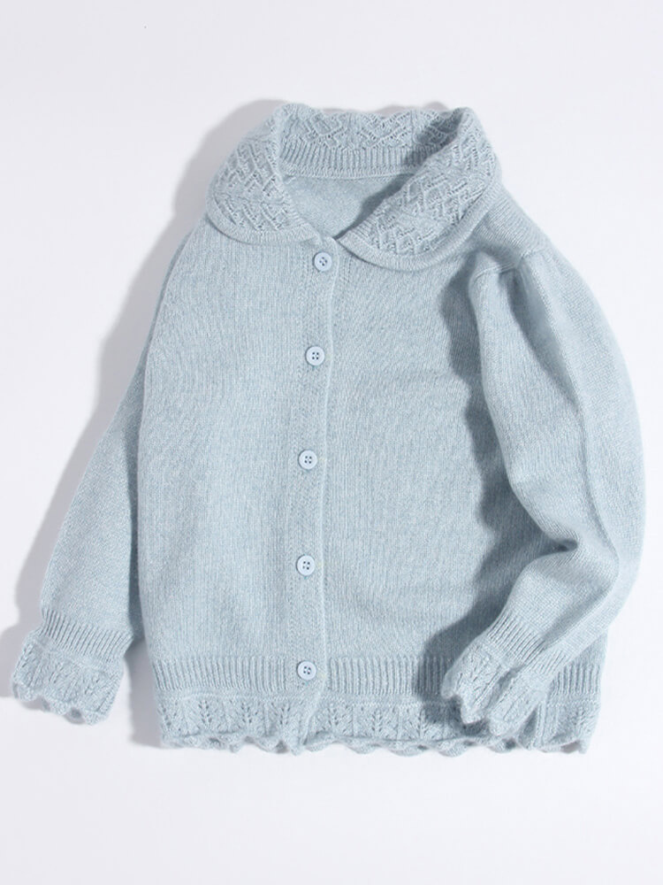 Girls Peter Pan Collar Light Blue Cashmere Lace-Trim Cardigan